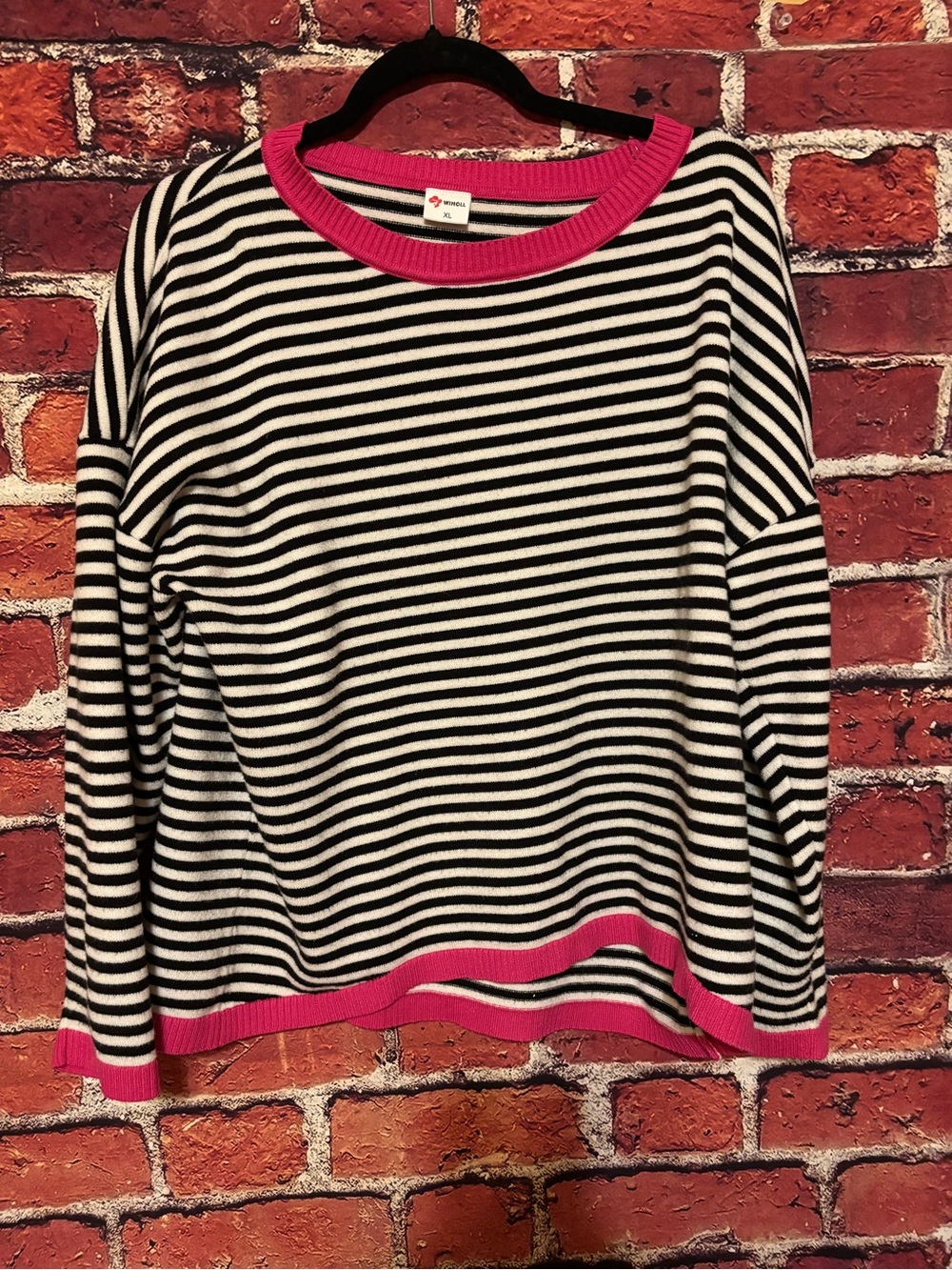Othr Black and White Striped Crewneck Sweater with Pink Trim